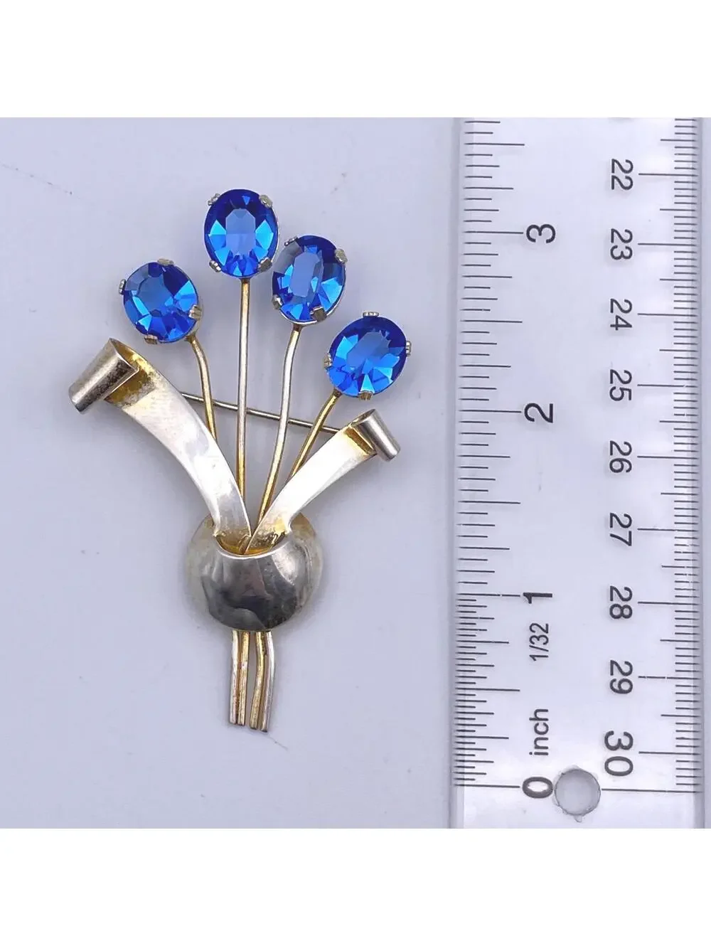 Vintage Gilt Sterling Silver & Cobalt Blue Glass Flower Brooch, Signed STERLING.